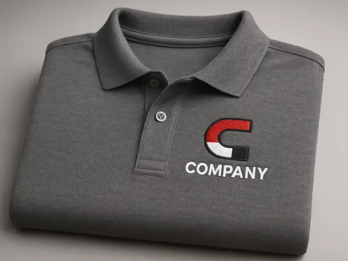 Detalle de un logo de empresa bordado con hilo rojo y blanco sobre el pecho de una chomba de trabajo negra.