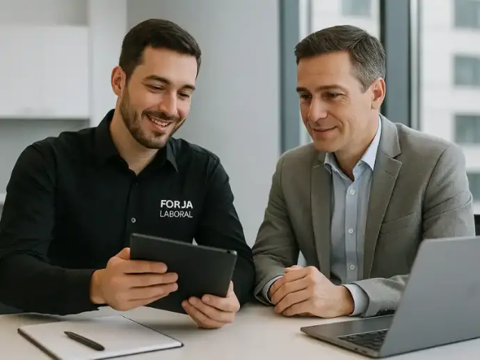 Asesor de Forja Laboral en una reunión profesional con un cliente, mostrando soluciones de indumentaria en una tablet.
