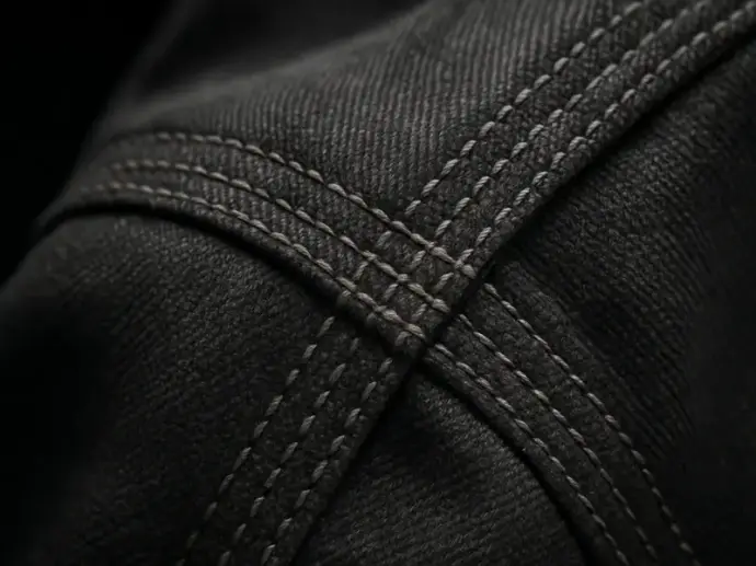 Primer plano de la textura de una tela de trabajo color gris oscuro de alta resistencia con triple costura reforzada.